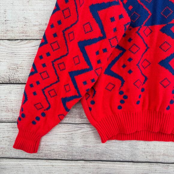 Vintage 80s Obermeyer Sport Crewneck Ski Sweater Mens Large Florescent Red Blue - Picture 5 of 13